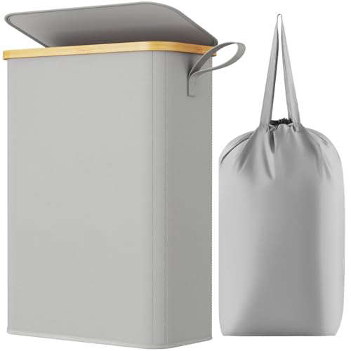 Lifewit 50L Slim Laundry Basket with Lid, Foldable Laundry Hamper Drity Clothes Washing Basket Toys Towels Storage with Bamboo Handle, Removable Inner Bag for Bedroom Bathroom, Silver Gray