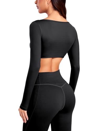 SEASUM Women Elevate Long Sleeve Crop Top Sleeve Padded Sports Low Medium Impact Yoga Shirt Workout Black S — view 6
