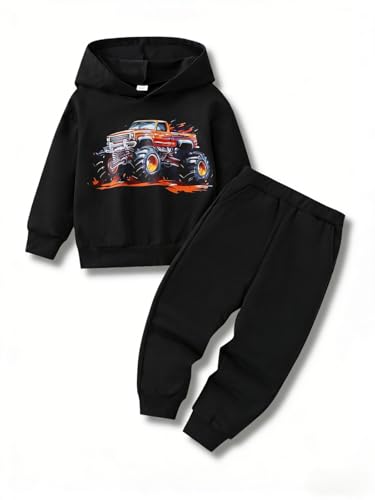 Klyatpxoen 3 4 T Toddler Boys' 2-Piece Set Soft Cotton Long-Sleeved Dinosaur Pattern Pullover Hoodie and Sweatpants Ideal for Autumn & Winter (Black,3-4T)