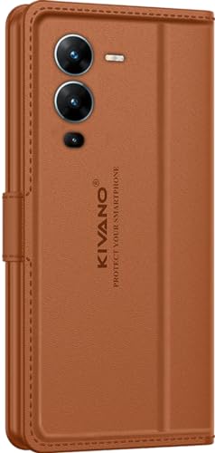 Image of KIVANO LUXE Compatible for Vivo V25 Pro Luxury Handmade Leather Magnetic Flip Folio Case | Card Holder & Kickstand | Slim Protective Cover | Unisex - Brown