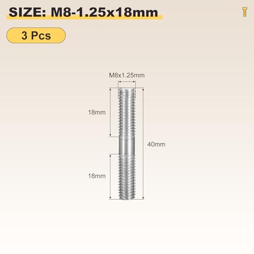 METALLIXITY Double End Threaded Stud Screw(M8 x 40mm) 3Pcs, Equal Thread Length Rods & Studs 304 Stainless Steel - for House Maintenance Craft Loom, Silver Tone
