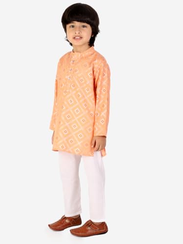 Image of superminis Boys Silver Foil Printed Kurta, Round Collar, Full Sleeves With White Pyjama Cotton Kurta Set