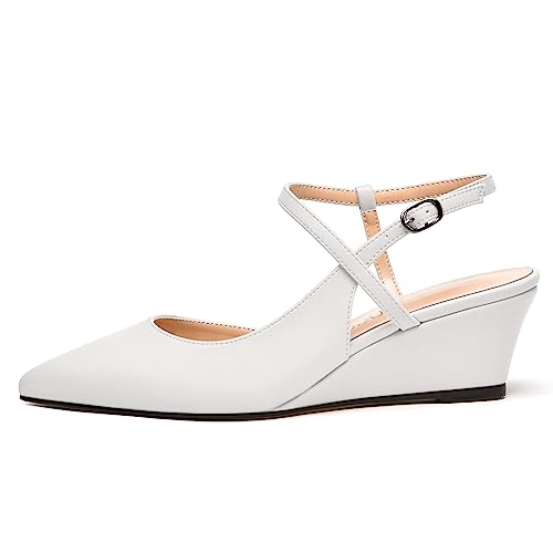 MODENCOCO Womens Pointed Toe Buckle Party Matte Fashion Comfortable Ankle Strap Wedge Low Heel Pumps Dress Shoes 2 Inch2