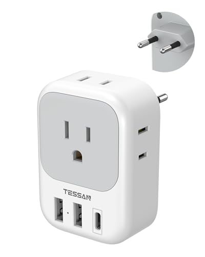 TESSAN Adaptador Europeo Viaje, Enchufe Europeo de Corriente con 4 Salidas CA y 3 Conectores USB (1 USB C), Cargador Universal Americano México a Europa para Italia, España