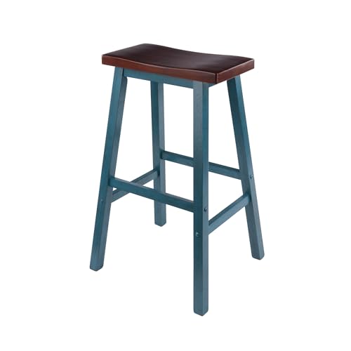 Image of Winsome Satori Saddle Seat 29In Bar Stool Rustic Teal and Walnut Finish