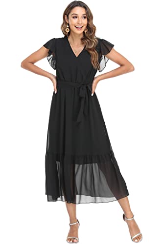 Image of VintageClothing Womens Sundress Casual Floral Summer Boho Dress | Flowy Wrap V Neck Ruffle A-Line Pleated Hem Midi Dresses