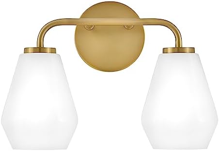 Lark Gio 85502LCB Two-Light Bath Vanity Fixture, Mount Up or Down, Cased Opal Geometric Shades, Lacquered Brass