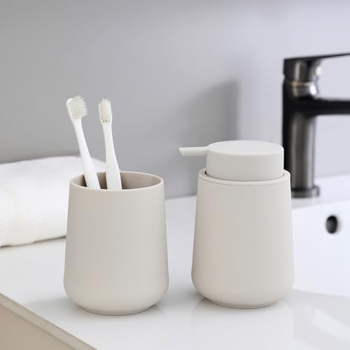 Image of YAUKPH Matte Beige Liquid Hand Soap Dispenser Plastic 11 oz - Modern Minimalist Style for Bathroom & Kitchen Countertop Refillable