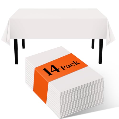 Image of White 14 Pack 54 x 108 Inch Plastic Tablecloths, Disposable Rectangle Tablecloth, Party Table Cover Plastic Table Cloth