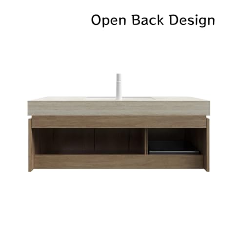 Image of 48 inch Bathroom Vanity with Sink, Wall-Mounted Plywood Bathroom Storage Cabinet with Ceramic Basin & Sintered Stone Countertop, Modern Pre-Assembled Floating Vanity with Drawer & Door, Oak