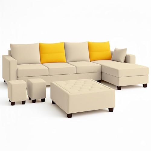 Image of CASASTYLE Texon 8 Seater Fabric RHS L Shape Sofa Set with 1 Centre Table & 2 Puffy (Yellow-Cream) Premium Velvet Finish | Comfortable Sectional Sofa for Living Room