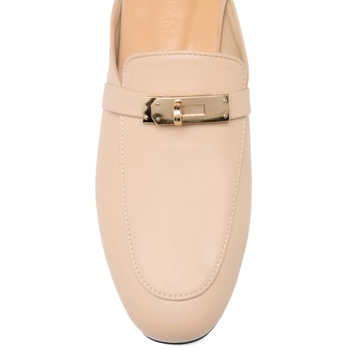 Image of Design Mules for Women, Almond Toe Slip-On Flats, Backless Loafers with Matal Buckle, Comfort Casual & Dressy Shoes