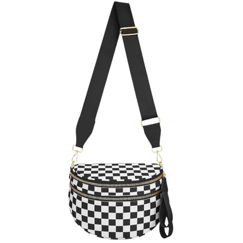 Checkered Crossbody Bags for Women, Bum Bag Nylon Bumbags for Women Crossbody Checkered Shoulder Bag Large Hobo Crossbody Purse for Travel