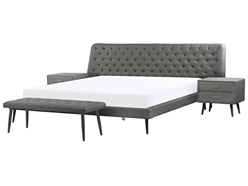 Beliani Schlafzimmer Set Bett grau mit Nachttisch Sitzbank Lattenrost 180x200 cm Essonne