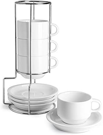 Sweese 4 Ounce Porcelain Stackable Espresso Cups with Saucers and Metal Stand Set of 4, White - 405.401