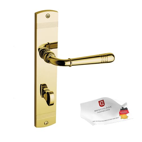Beschläge Hamburg | Türgriff Türbeschlag | EMILY ART 70-09 MPu WC | Türklinke mit Bad Verriegelung Langschild 45x235 mm für Zimmertüren | Drückergarnitur/Türdrücker für Innentür | in messingfarben
