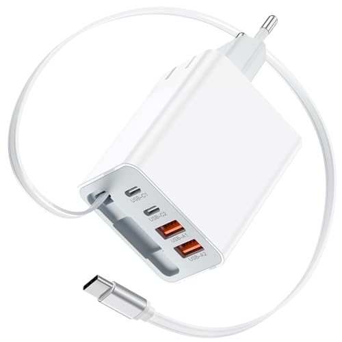 Carregador Tipo-C GaN 5 em 1 com Cabo Retrátil, 3 Tipo-C + 2 USB-A Carregador Rápido Fonte de Alimentação USB Adaptador USB para iPhone 17 Pro Max 16/15/14, Galaxy S25 Ultra/S24, iPad, tablet