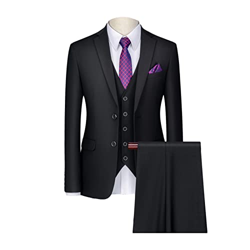 Men's 3 Piece Solid Color Suit Set Single Breasted Slim Fit Jacket Vest Pants Business Wedding Prom Blazer Sets (Black 2,Small)