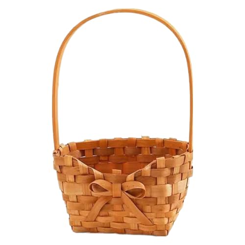 Panier à fleurs avec poignée, nœud tissé à la main, panier en osier avec poignée – Copeaux de bois portable, décoration de mariage rustique, récipient de rangement pour la maison, les anniversaires de