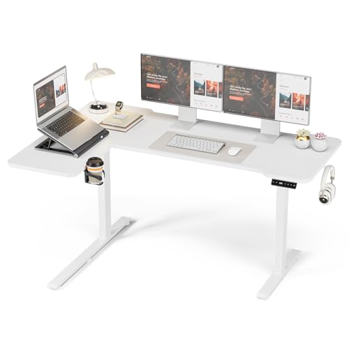 Acrolix Eckschreibtisch Höhenverstellbarer Schreibtisch L Form,150 X 100 cm Elektrischer Höhenverstellbar Ergonomischer Schreibtisch L mit Getränkehaltern und Haken Stabiles Bürotisch, Weiß
