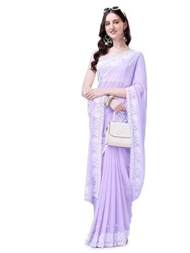 Estationeryhouse Sari de créateur en georgette brodée avec chemisier pour femme (Lilac)