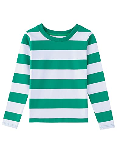 Spring&Gege Boys' Long Sleeve Striped T-Shirt Cotton Crew Neck Tees, Green and White Stripes, 11-12 Years