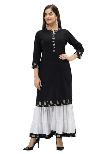 Image of Women Rayon Straight Golden Foil Printed Kurta with Palazzo || Kurti with Palazzo Set for Casual Party & Festival Wear in Round Neck with 3 /4 Sleeve for Girls