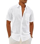 Alimens & Gentle Mens Linen Textured Shirt Cotton Short Sleeve Casual Button Down Shirts Lightwei...