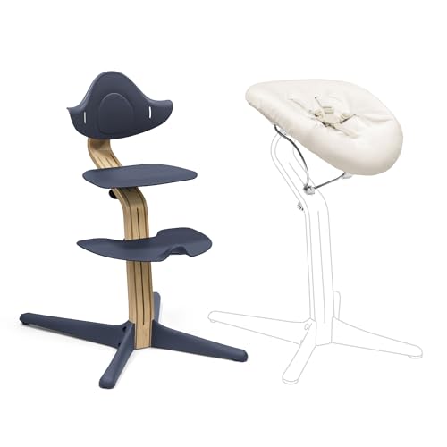 Stokke Nomi Chair (Oak Navy) with Newborn Set (White/Grey Sand) - Includes 5-Point Safety Harness & Reversibile, Washable Textile Set - Holds Up to 150 kg