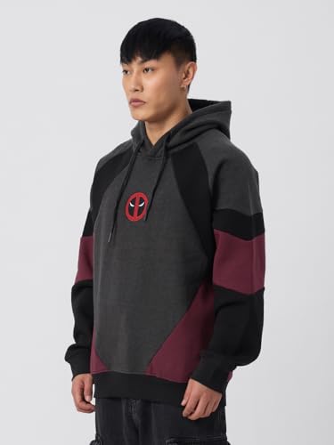 Image of The Souled Store Deadpool: Wade Wilson Men and Boys Long Sleeves Hooded Neck Pull On Grey Graphic Printed Cotton Blend Oversized Hoodies
