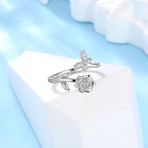 JJewmon Butterfly Rose Birthstone Ring for Women 925 Sterling Silver Butterfly Birth Stone Ring Birhstone Rose Ring Flower Elegant Promise Band Ring Butterfly Birthstone Jewelry Gifts for Her4