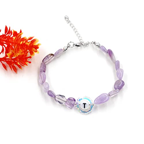 Image of Uloveido Purple Natural Stone and Austrian Crystal Letter Bracelet, Personalized Initial Jewelry for Women A-Z 26 Letters