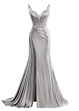 V Neck Satin Prom Dresses Long Mermaid Lace Evening Gown with Slit Pleated Bodycon Formal Dress with Tail Silver Size 6