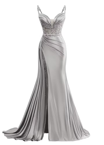 V Neck Satin Prom Dresses Long Mermaid Lace Evening Gown with Slit Pleated Bodycon Formal Dress with Tail Silver Size 6
