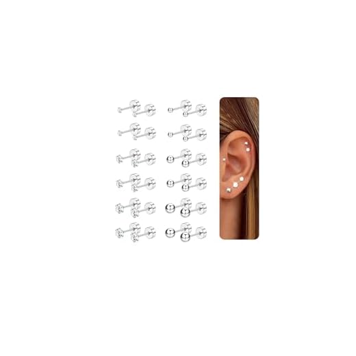 CASSIECA 12 Paar Ohrstecker für Damen Herren Edelstahl klein Ohrstecker Piercing Kleine CZ Runde Kugelschraube Flat Back Knorpel Ohrringe Set 2-4MM