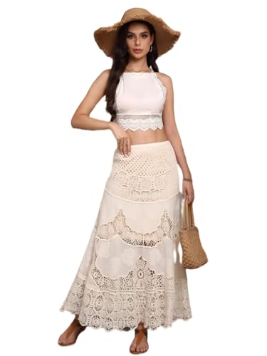ChicVibes Women's High-Waisted Crochet Lace Maxi Skirt with Floral Cutout Design, A-Line Embroidered Skirt & Opaque Lining