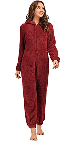 ASKSA Dam jumpsuit flanell furry dragkedja onepiece jumpsuit med huva fluffig varm onepiece pyjamas, Vinröd, S
