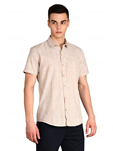 Image of Men's Grey Linen Striped Shirt - Lightweight and Comfortable Casual Shirt