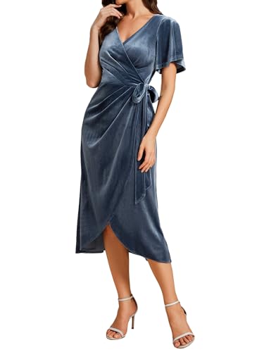 Ever-Pretty Women's One Piece Velvet V Neck Short Sleeves A-Line Midi Wedding Guest Dresses3
