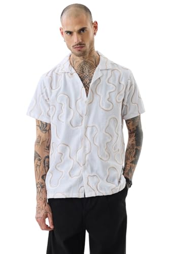 Image of SNITCH Men Casual Shirt | Regular Fit Half Sleeve Cuban Collar Textured Pattern with Embellished Sequins | 100% Viscose & Breathable Fabric for Everyday Wear