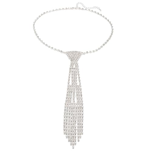 Sbshiouu Elegante collana con strass di cristallo per la maggior parte delle occasioni, cravatta da matrimonio punk con catena gioiello cravatta di cristallo, Argento, Taglia unica