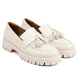 Chunky Platform Loafers for Women with Double Tassel Kiltie Fringe Lug Sole Kitten Heel Microfiber Leather Moc Toe Slip-on Shoes, White 8