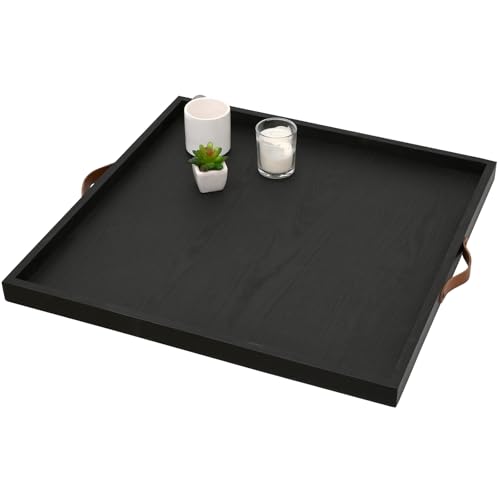 SwallowLiving 24 x 24 Inches Extra Large Square Wood Ottoman Tray with Leather Handles, Wooden Natural by SwallowLiving - Image 3