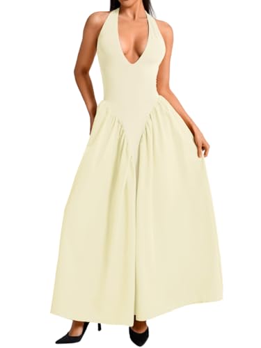 Image of ChiaoLezhee Deep V Neck Dress, Halter Maxi Dresses, Vacation Date Night, Sexy for Women Corset Flowy Wedding Guest Drop Waist