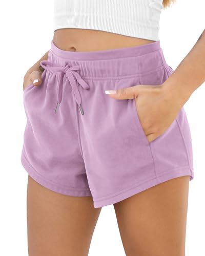 ODODOS Women's Sweat Shorts with Pockets Cotton French Terry Drawstring Summer Workout Casual Lounge Shorts, Lilac, Medium