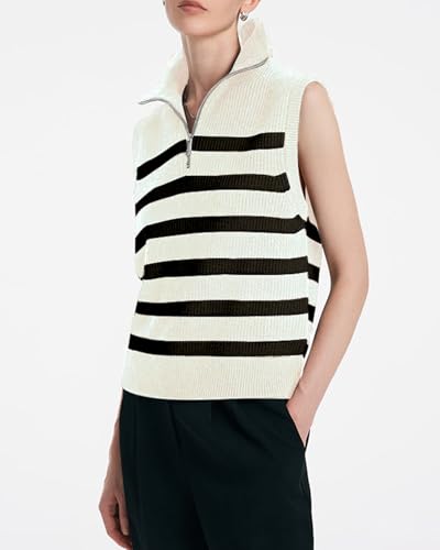 Image of Kedera Women's Striped Sweater Vest V Neck Sleeveless Work Sweater Quarter Zip Knit Vest Top 2024 Trendy Office Outfits