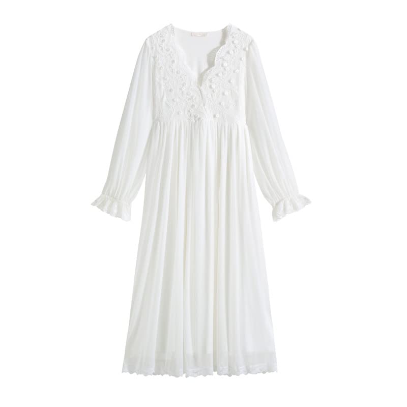 Chemise de nuit victorienne pour femme, 100 % modal à manches longues en dentelle avec broderie florale
