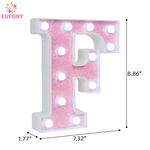 Image of Pink Glitter Marquee Light Up Letters, Battery Operated LED Letter Lights Signs for Pink Birthday Party Table Decorations, Wall Decor for Girls Bedroom, Initial Letter F with Cool White Lights