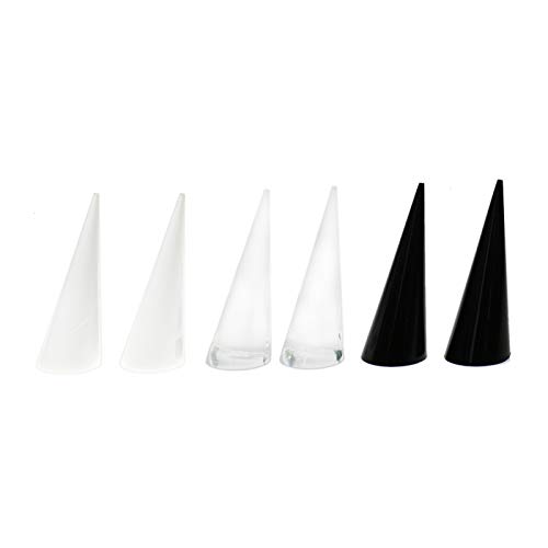 WSSROGY 6PCS Acrylic Ring Display Plexiglass Solid Cone Shape Ring Rack Jewelry Showcase Display Stand, (Clear,White,Black)