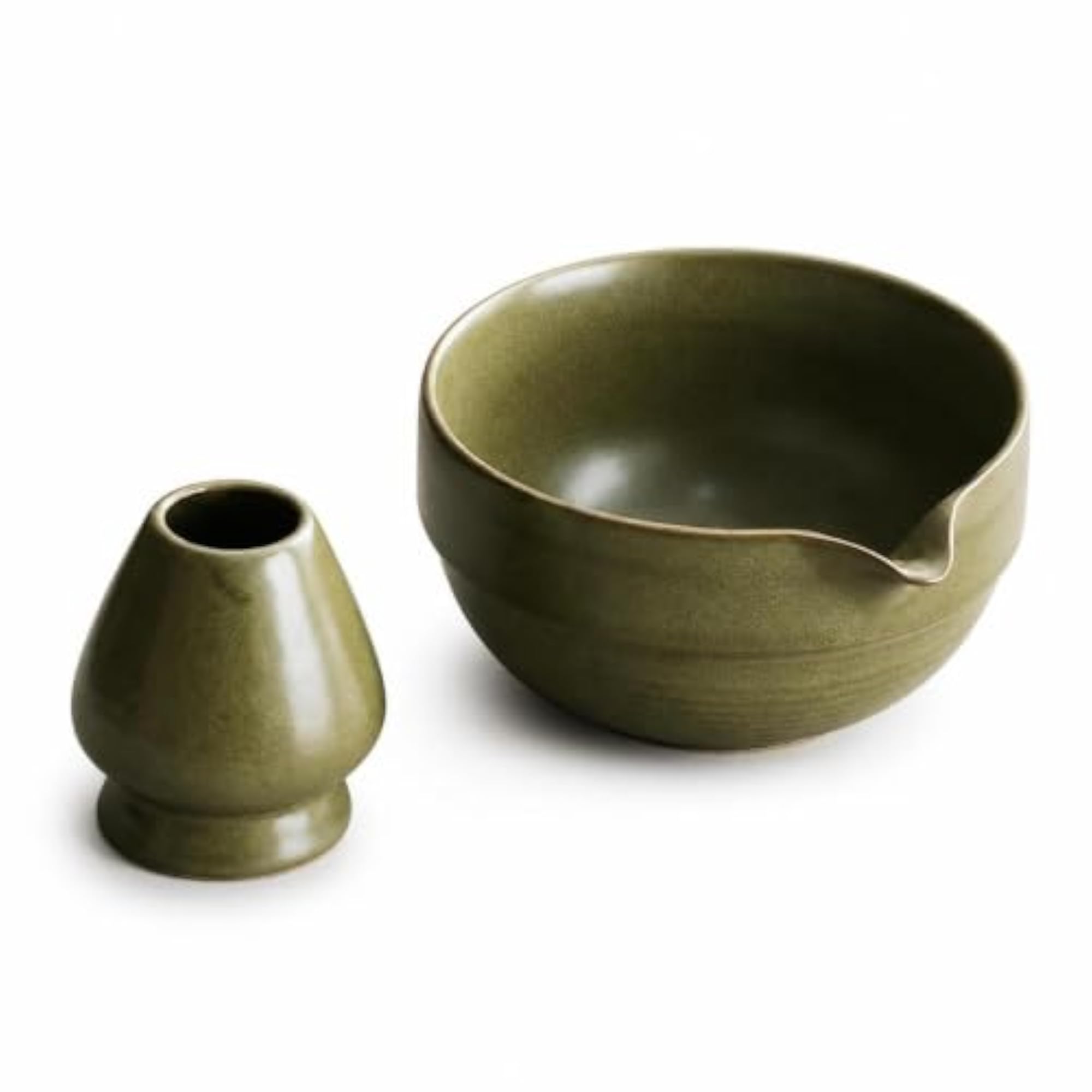 Ceramic Matcha Bowl Set with Whisk Holder, Kiln-Fired Dark Green